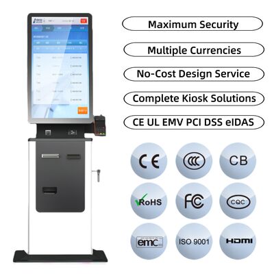 Buy 27 32 Inch Self Service Touch Screen Hotel Check in Kiosk Passport Scanner Card Dispenser A4 Ticket Printing Cash Payment Kiosk online manufacture