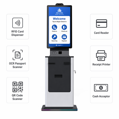 Hotel Hospital Check in Kiosk Self Service Touch Screen Card Dispenser Passport Scanner Ticket Printer Cash Acceptor Payment Kiosk